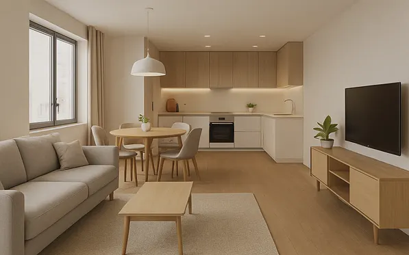 Salón y cocina abierta de una vivienda de Bomba 24-26, en madera clara y tonos crema, con luz natural